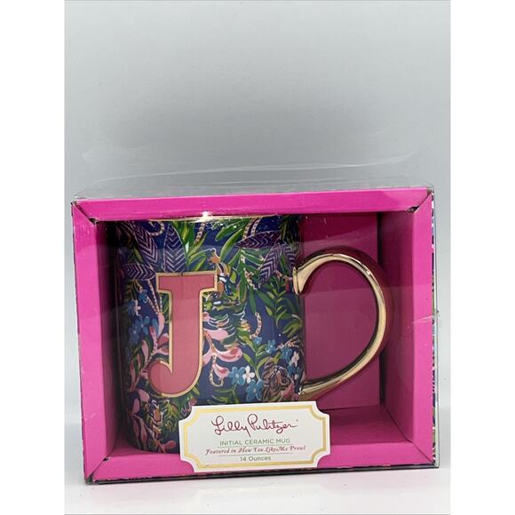 LILLY PULITZER 14oz Coffee Tea Mug Cup Monogram Letter “J” Tropical New In Box - Picture 1 of 7